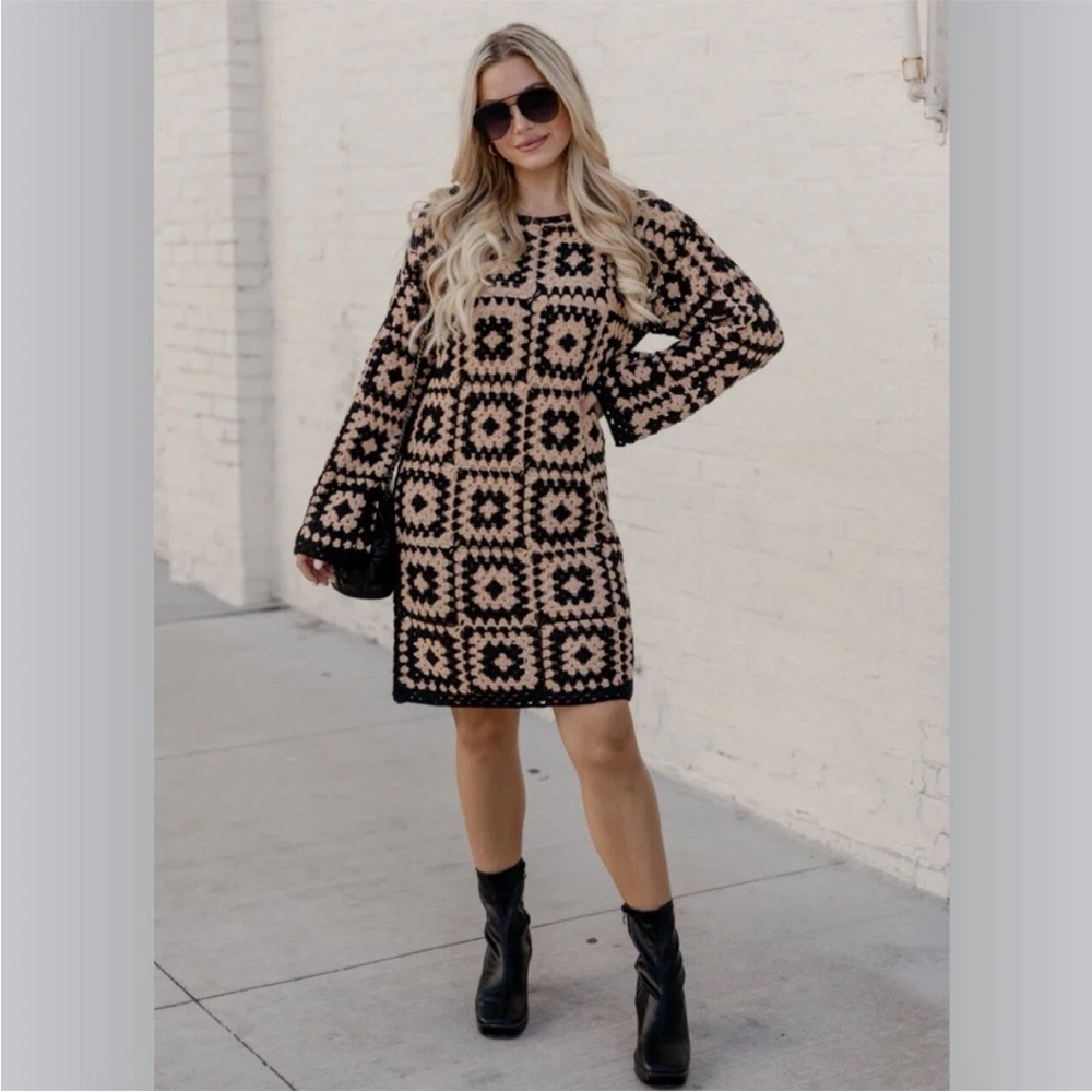 Pink Lily tan black patchwork crochet shift dress